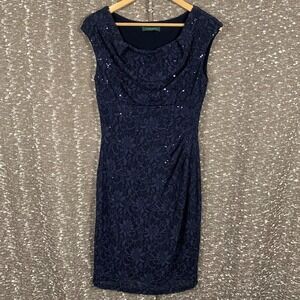 Lauren Ralph Lauren Women's Sequin Floral Lace Sheath Dress Sleeve Knee Length